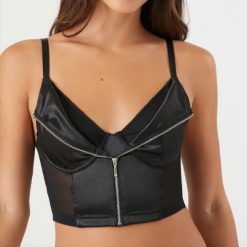 Black Satin Bralette w/ Zipper by Forever 21